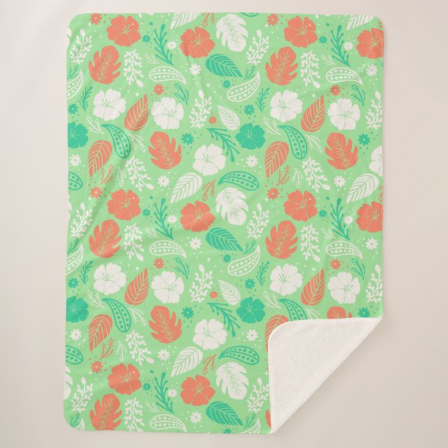 Manta Sherpa Patrón de follaje tropical verde y Naranja (Anverso)