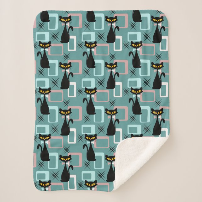Manta Sherpa Patrón de gato negro de Mid Century (Anverso)