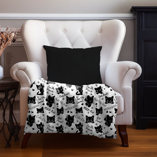Manta Sherpa Patrón de gatos y dichos negros (Cute Black Cats and Sayings with Hearts Pattern  for Cat Lovers and Halloween Small Sherpa Blanket)