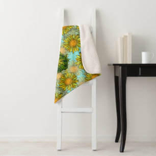 Manta Sherpa Patrón de girasoles amarillos con follaje y brotes