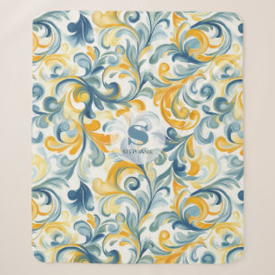 Manta Sherpa Patrón de hoja azul y paisley dorada