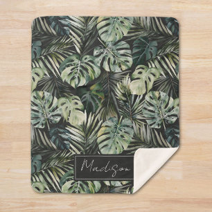 Manta Sherpa Patrón de hojas de bosque tropical verde acuarela