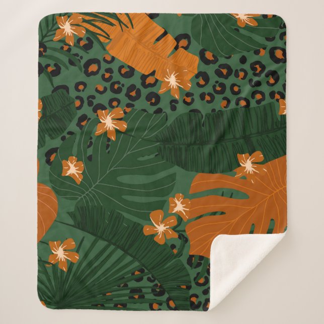 Manta Sherpa Patrón de hojas tropicales de leopardo exótico (Anverso)