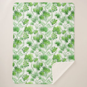 Manta Sherpa Patrón de hojas verdes 3D 01A BG blanco