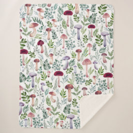 Manta Sherpa Patrón de hongos y hojas verdes acuarelas