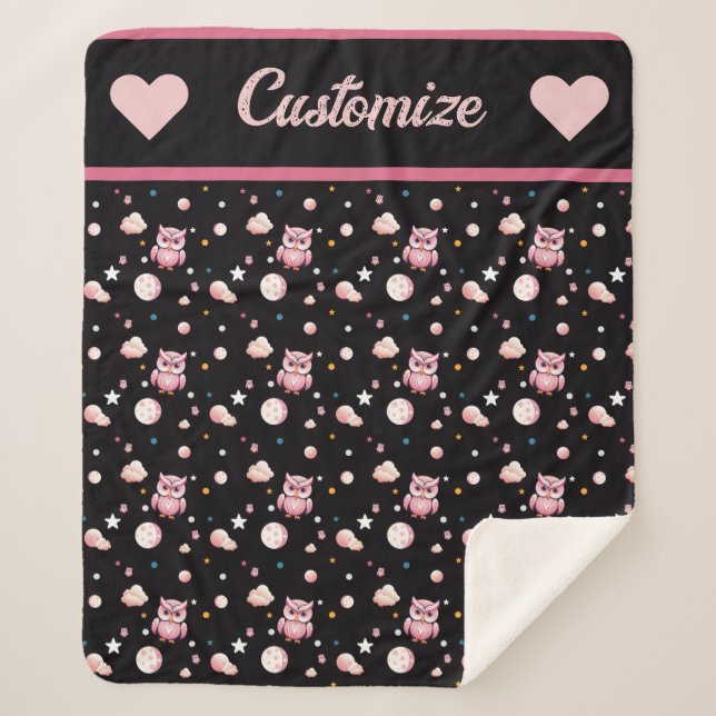 Manta Sherpa Patrón de luz de luna de búho rosa (Anverso)