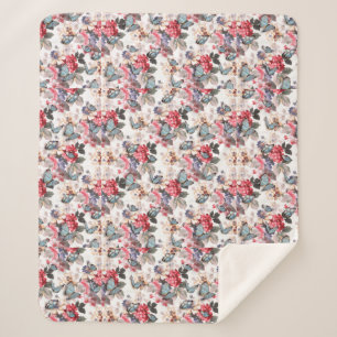 Manta Sherpa Patrón de mariposa azul de flores rosadas