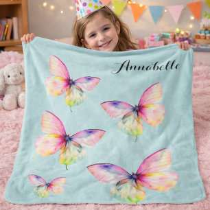 Manta Sherpa Patrón de Mariposa Pastel en Suave Aqua Estilo Ele