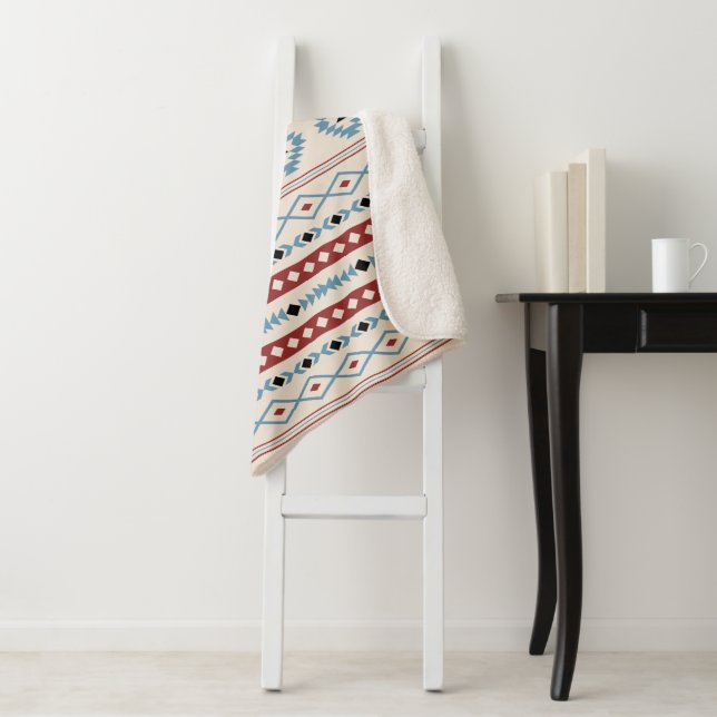 Manta Sherpa Patrón de motivos mixtos Azteca Blue Red Black Cre (In situ)