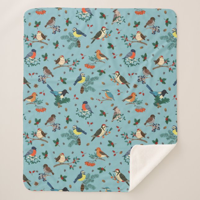 Manta Sherpa Patrón de Navidades de aves de invierno festivas (Anverso)