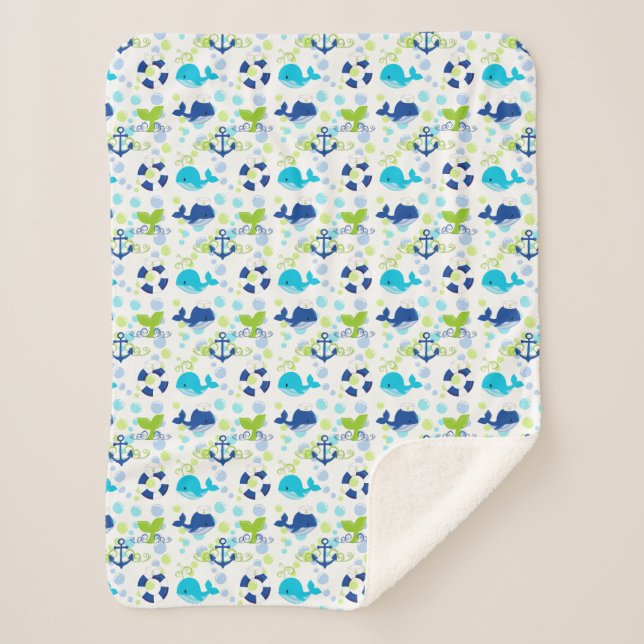 Manta Sherpa Patrón de niños náuticos azul verde limón (Anverso)