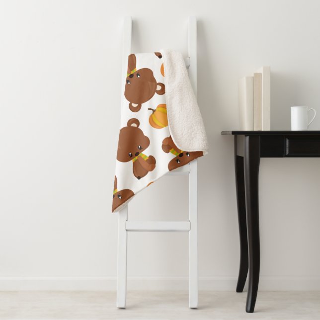 Manta Sherpa Patrón De Osos, Osos Cubiertos, Caída, Calabazas (In situ)