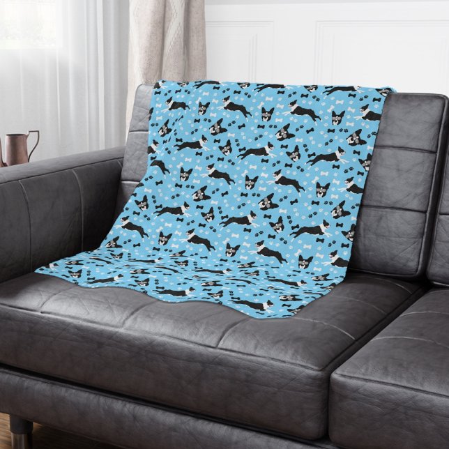 Manta Sherpa Patrón de Perro Territorial de Boston Balde Sherpa (Boston Terriers Dog Breed Pattern Blanket in Blue)