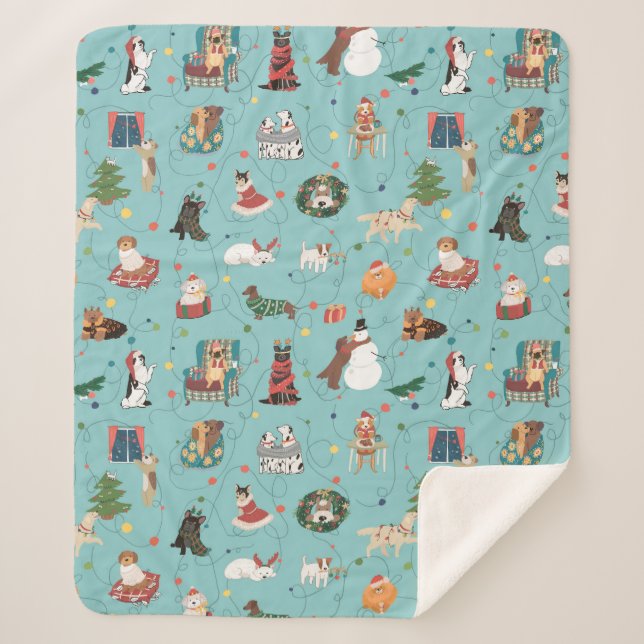 Manta Sherpa Patrón de perros de vacaciones festivos en Navidad (Anverso)