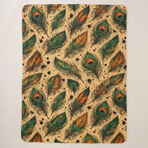 Manta Sherpa Patrón de plumas de pavo real bohemio