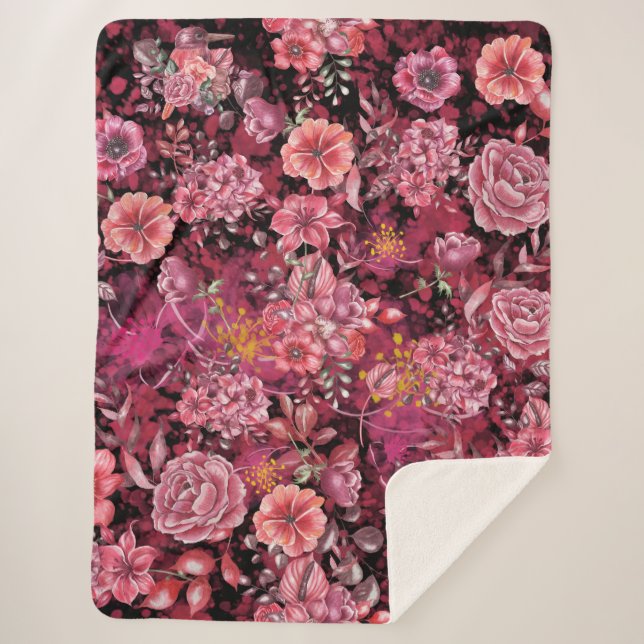 Manta Sherpa Patrón de rosas y aves (Anverso)