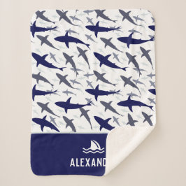 Manta Sherpa Patrón de tiburón azul y blanco con nombre Boy