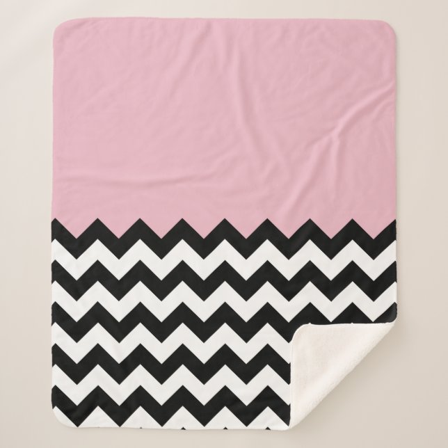 Manta Sherpa Patrón de zigzag negro y blanco, chevron, rosa (Anverso)