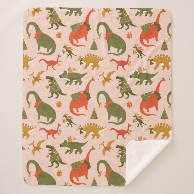 Manta Sherpa Patrón festivo del árbol de Navidad de los dinosau (Anverso)