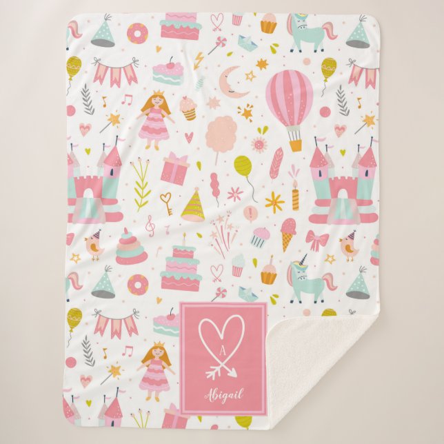 Manta Sherpa Patrón Fiesta de Unicornio rosa Niños Chicas monog (Anverso)