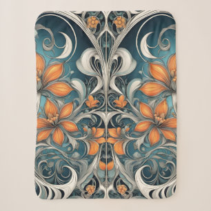 Manta Sherpa Patrón floral Art Nouveau verde turquesa naranja