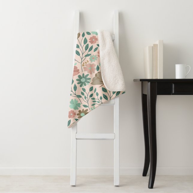 Manta Sherpa Patrón floral boho marrón rosa (In situ)