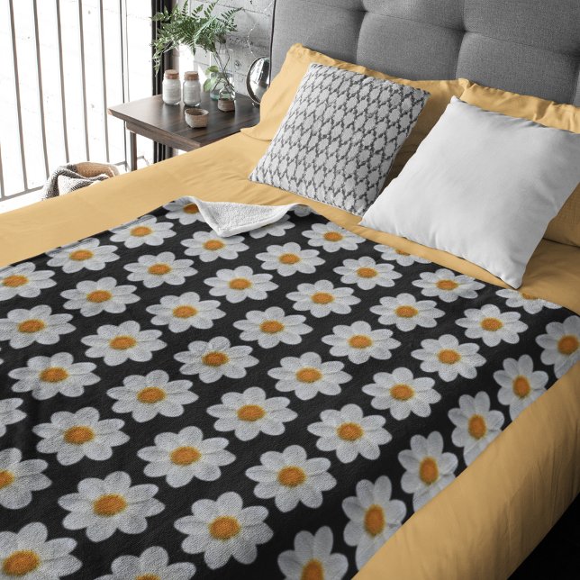 Manta Sherpa Patrón floral de Dahlia blanca en negro (In Situ Bed)