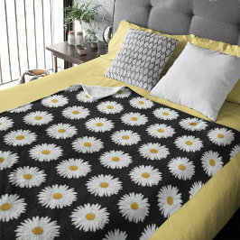 Manta Sherpa Patrón floral de margarita blanca sobre negro