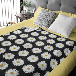 Manta Sherpa Patrón floral de margarita blanca sobre negro