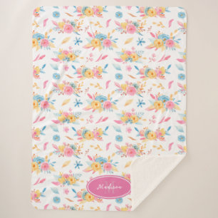 Manta Sherpa Patrón floral rosa bonito monogramado