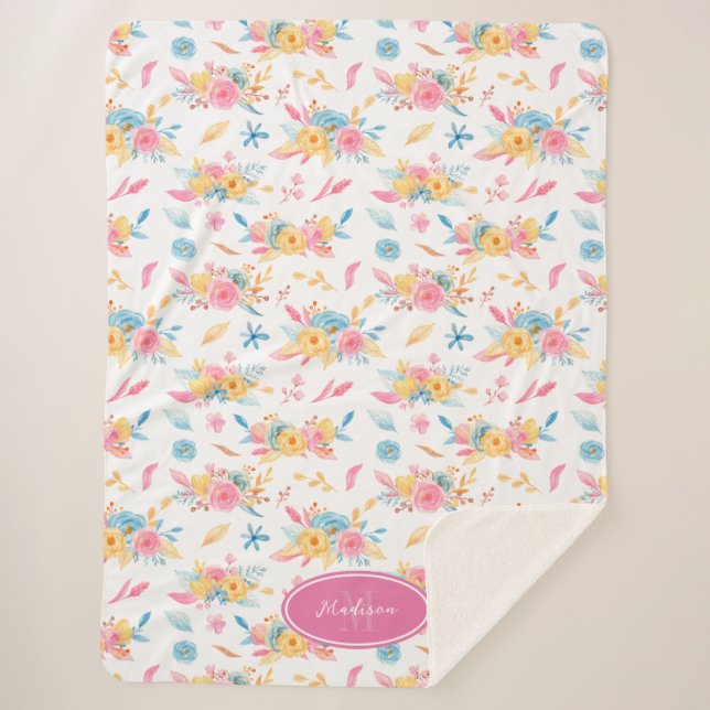 Manta Sherpa Patrón floral rosa bonito monogramado (Anverso)