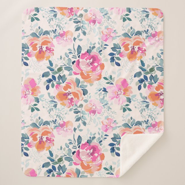 Manta Sherpa Patrón floral rosa y Verde azulado (Anverso)