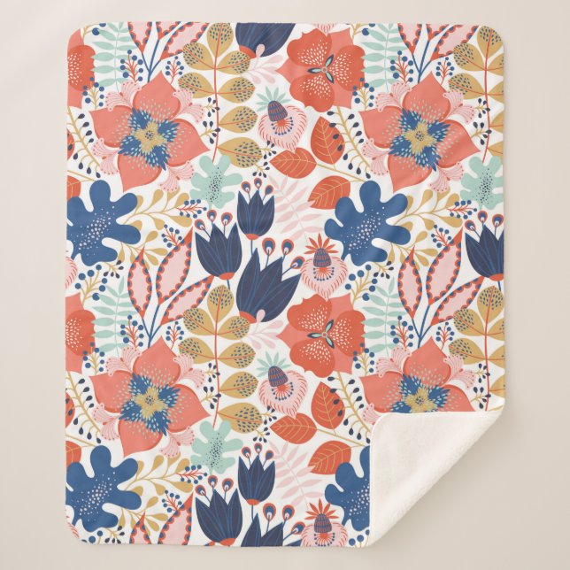 Manta Sherpa Patrón floral sin fisuras sobre blanco. Retroceso  (Anverso)