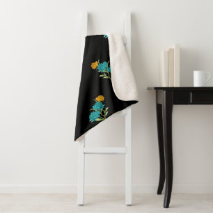 Manta Sherpa Patrón Floral Turquesa Coral Verde sobre Negro 