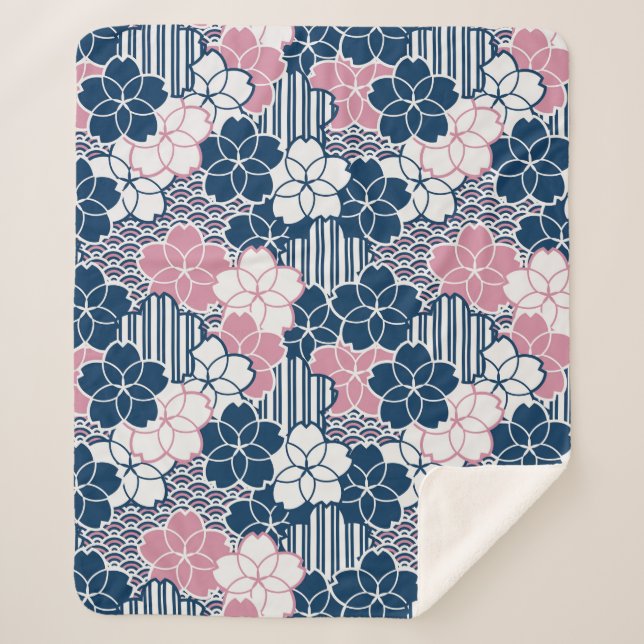 Manta Sherpa Patrón geométrico de flores sakura japonesas (Anverso)