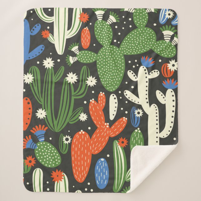 Manta Sherpa patrón ininterrumpido con cactus sobre fondo negro (Anverso)