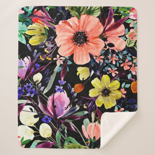 Manta Sherpa Patrón ininterrumpido de acuarela floral. Diferent (Anverso)