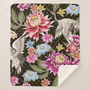 Manta Sherpa Patrón japonés con flores y grúas blancas