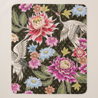 Manta Sherpa Patrón japonés con flores y grúas blancas