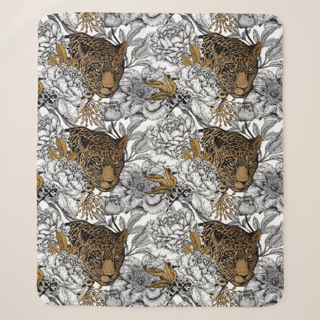 Manta Sherpa Patrón Leopard & Peonies (Anverso)