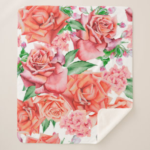 Manta Sherpa Patrón luminoso sin costuras con flores. Rosa. Wat