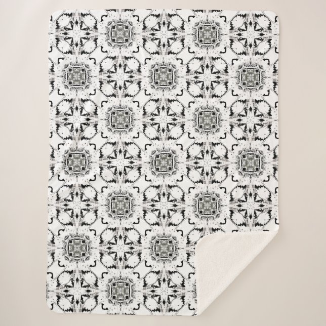 Manta Sherpa Patrón moderno tribal blanco y negro (Anverso)