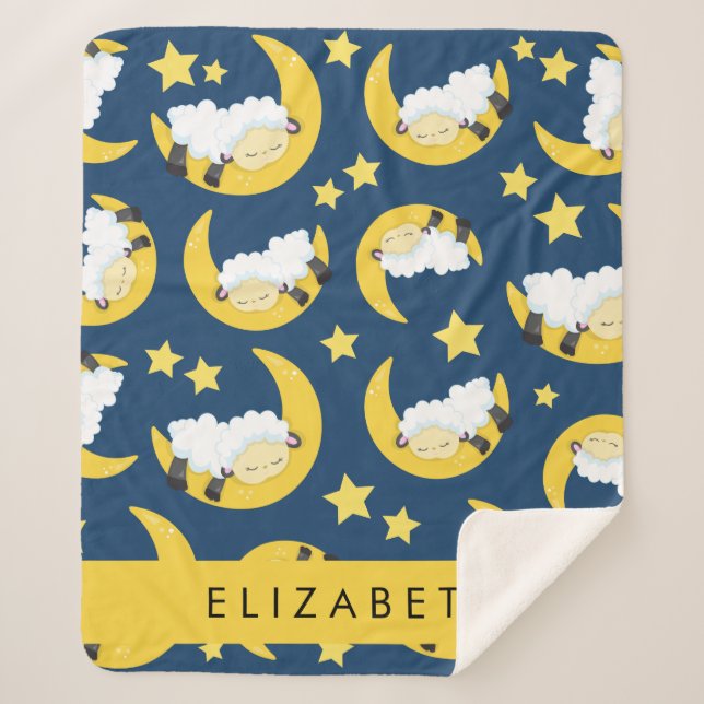 Manta Sherpa Patrón ovino, oveja durmiente, luna, tu nombre (Anverso)