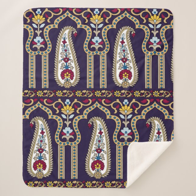 Manta Sherpa Patrón paisley geométrico tradicional con borde  (Anverso)