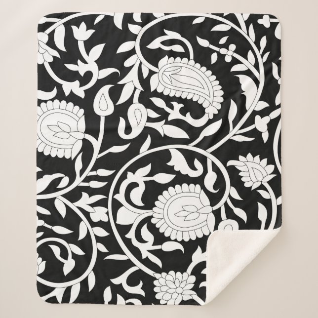 Manta Sherpa Patrón paisley indio tradicional sobre negro y wh (Anverso)