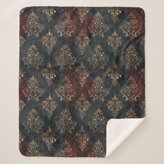 Manta Sherpa Patrón Persa Damask Noir Dorado (2) (Anverso)