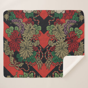 Manta Sherpa Patrón Rojo Negro Floral Japonés Vintage Peonía
