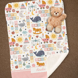 Manta Sherpa Patrón rosa de niña pequeña con nombre