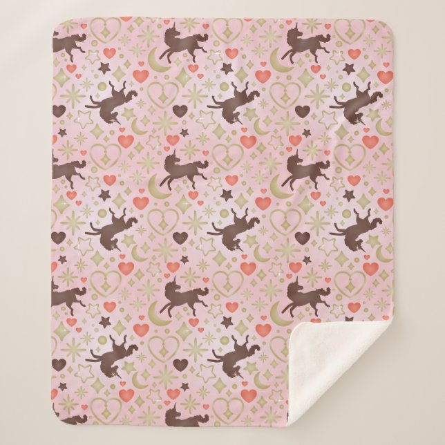 Manta Sherpa Patrón rosa estrella y corazón de Unicornio Afro (Anverso)