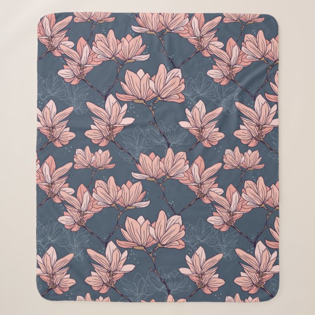 Manta Sherpa Patrón sin foco con bellas flores de magnolia (Anverso)